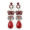 Long Vintage Inspired Red Crystal Bow, Teardrop Earrings In Antique Silver Tone - 85mm L