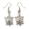 Silver Tone Etched Turtle Drop Earrings In Silver Tone - 40mm L