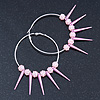 Oversized Slim Pink Spikes, Disko Balls Hoop Earrings In Silver Tone - 10cm L
