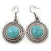 Vintage Inspired Round, Hammered Turquoise Drop Earrings In Antique Silver Tone - 45mm L