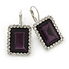 Deep Purple/ Clear CZ Square Drop Earrings With Leverback Closure In Rhodium Plating - 35mm L