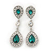 Bridal/ Wedding/ Prom Emerald Green/ Clear CZ Teardrop Earrings In Rhodium Plating - 50mm L