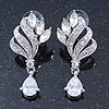Bridal/ Wedding/ Prom Clear Cz Leaf Drop Earrings In Rhodium Plating - 45mm L