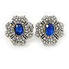 Clear/ Sapphire Blue CZ Floral Stud Earrings In Rhodium Plating - 20mm L