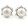 8mm White Round Cultured Freshwater Pearl Stud Earrings In Silver Tone