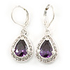 Amethyst/ Clear CZ Drop Earrings With Leverback Closure In Rhodium Plating - 33mm L