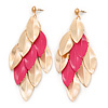 Long Gold/ Pink Textured Leaf Chandelier Earrings In Gold Tone - 11cm L