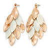 Long Gold/ White Textured Leaf Chandelier Earrings In Gold Tone - 11cm L