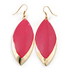 Pink Enamel Leaf Drop Earrings In Gold Tone - 70mm L