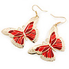 Lightweight Red Enamel Butterfly Drop Earrings In Gold Tone - 60mm L