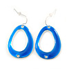Blue Enamel Cut Out Oval Drop Earrings In Silver Tone - 40mm L