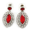 Prom/ Bridal Red/ Clear Austrian Crystal Oval Drop Earrings In Rhodium Plating - 38mm L