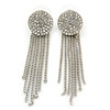 Silver Tone Clear Austrian Crystal Pave Set Button with Multi Chain Drop Earrings - 60mm L