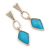Gold tone Textured Geometric Drop Earrings With Light Blue Faceted Glass Stone - 65mm L