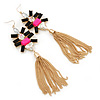 Long Black/ Pink/ Clear Acrylic Bead Tassel Earrings In Gold Tone - 13cm L