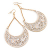 White Lacy Crescent Chandelier Earrings In Gold Tone - 85mm L