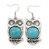 Vintage Inspired Turquoise Owl Drop Earrings In Silver Tone - 45mm L