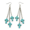 Turquoise Style Triple Cross Chain Dangle Earrings In Silver Tone - 90mm L