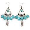 Vintage Inspired Turquoise Stone with Feather Drop Earrings - 70mm L