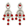 Stunning Bright Red/ Clear Austrian Crystal Chandelier Earrings In Rhodium Plating - 70mm L