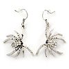 Silver Tone Crystal Spider Drop Earrings - 40mm L
