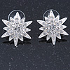 Silver Tone Crystal Star Stud Earrings - 25mm Across