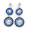 Sapphire Blue/ AB Austrian Crystal, Pearl Double Hoop Drop Earrings In Rhodium Plating - 55mm L