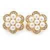 Crystal, Faux Pearl Flower Stud Clip On Earrings In Gold Plating - 25mm D