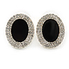 Crystal, Black Enamel Oval Stud Earrings In Rhodium Plating - 20mm L