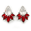 Clear/ Red CZ, Crystal Leaf Stud Earrings In Rhodium Plating - 26mm L
