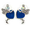 Funky Crystal Fairy with Blue Enamel Heart Stud Earrings In Rhodium Plating - 23mm L