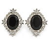 Bridal/ Prom/ Wedding Black, Clear Crystal Oval Clip On Earrings In Rhodium Plating - 35mm L