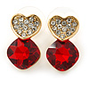 Clear/ Red Crystal Heart Stud Earrings In Gold Plating - 20mm L