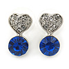 Small Clear/ Sapphire Crystal Heart Stud Earrings In Rhodium Plating - 18mm L