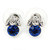 Tiny Sapphire/ Clear Round Cut Crystal Stud Earrings In Rhodium Plating - 10mm L