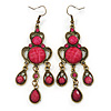 Victorian Style Fuchsia/ Pink Acrylic Bead Chandelier Earrings In Antique Gold Tone - 80mm L