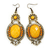Victorian Style Yellow Acrylic Bead, Crystal Chandelier Earrings In Antique Gold Tone - 80mm L