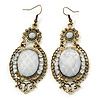 Victorian Style Dusty White Acrylic Bead, Crystal Chandelier Earrings In Antique Gold Tone - 80mm L