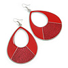 Large Red Enamel With Glitter Oval Hoop Earrings In Silver Tone - 90mm L