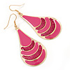 Pink Enamel With Glitter Teardrop Earrings In Gold Tone - 65mm L