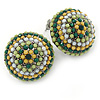 Boho Style Green/ Yellow/ White Beaded Dome Stud Earrings In Silver Tone - 22mm