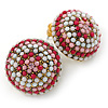 Boho Style Deep Pink/ White/ Baby Pink Beaded Dome Stud Earrings In Gold Tone - 22mm