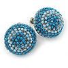 Boho Style Sky/ Light Blue Beaded Dome Stud Earrings In Silver Tone - 22mm