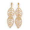 Gold Plated Clear Austrian Crystal Double Leaf Drop Earrings - 75mm L