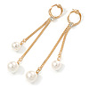 Gold Tone Chain with White Faux Pearl Drop Earrings - 90mm L