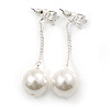 Silver Tone Clear Crystal Front and Chain With 13mm Cream Pearl Drop Earrings - 60mm L