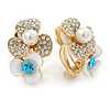 Crystal, Pearl Double Flower Clip On Earrings In Gold Plating - 25mm L