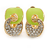 Gold Plated, Lime Green Enamel, Clear Crystal Infinity Clip On Earrings - 20mm L