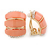 C Shape Salmon Pink  Acrylic, Clear Crystal Clip On Earrings In Gold Plating - 20mm L