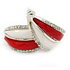 C Shape Red/ White Acrylic, Clear Crystal Stud Earrings In Silver Tone - 20mm